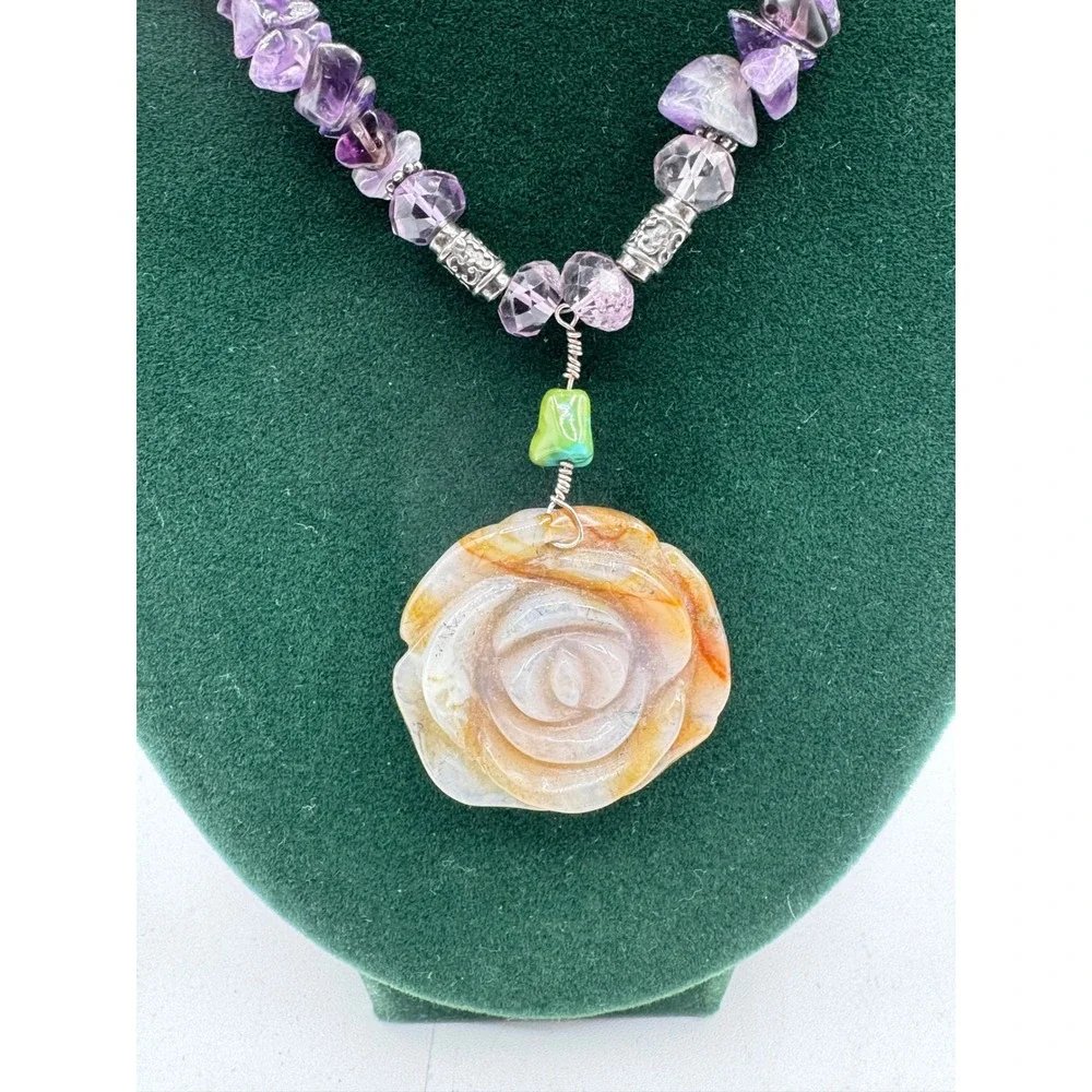 Handmade Amethyst Chip Necklace Carved Agate Rose Pendant Purple Earthy Boho